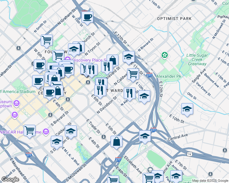 map of restaurants, bars, coffee shops, grocery stores, and more near 550 East 8th Street in Charlotte