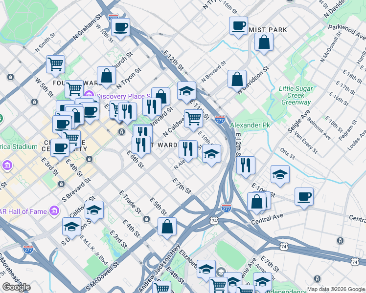 map of restaurants, bars, coffee shops, grocery stores, and more near 614 East 9th Street in Charlotte