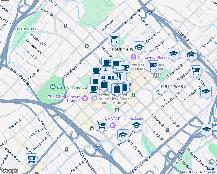 map of restaurants, bars, coffee shops, grocery stores, and more near 200 South Tryon Street in Charlotte