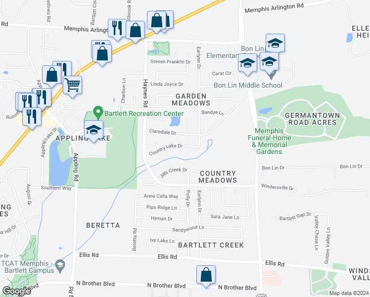 map of restaurants, bars, coffee shops, grocery stores, and more near 7935 Country Lake Drive in Memphis
