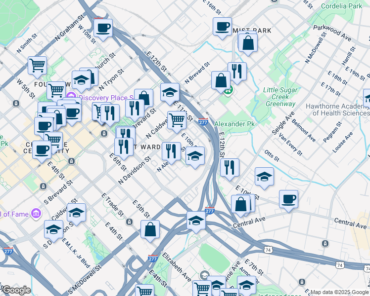 map of restaurants, bars, coffee shops, grocery stores, and more near N Alexander St & Garden District Dr in Charlotte