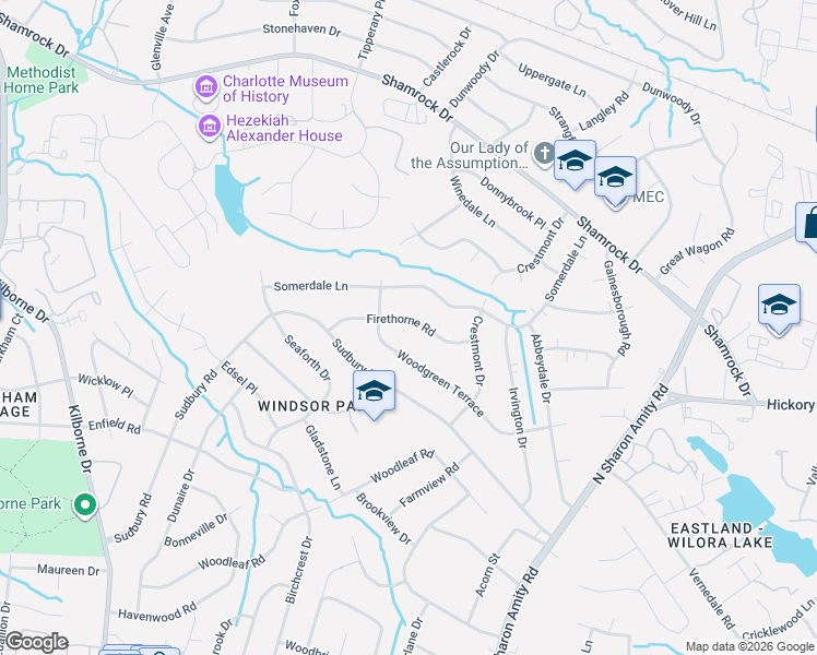 map of restaurants, bars, coffee shops, grocery stores, and more near 4134 Firethorne Road in Charlotte