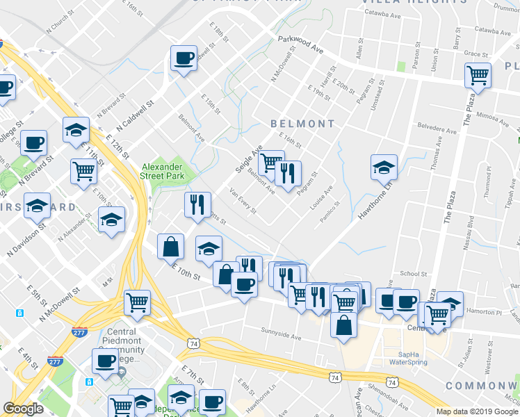 map of restaurants, bars, coffee shops, grocery stores, and more near 916 Allen Street in Charlotte