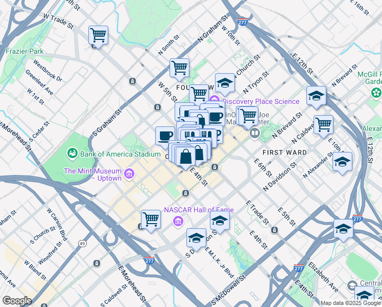 map of restaurants, bars, coffee shops, grocery stores, and more near in Charlotte