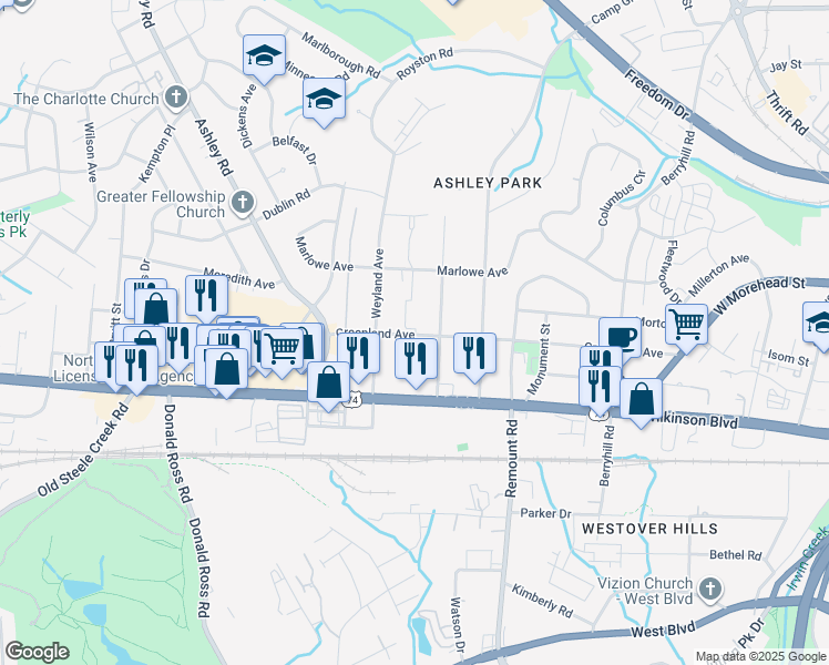 map of restaurants, bars, coffee shops, grocery stores, and more near 2815 Greenland Avenue in Charlotte