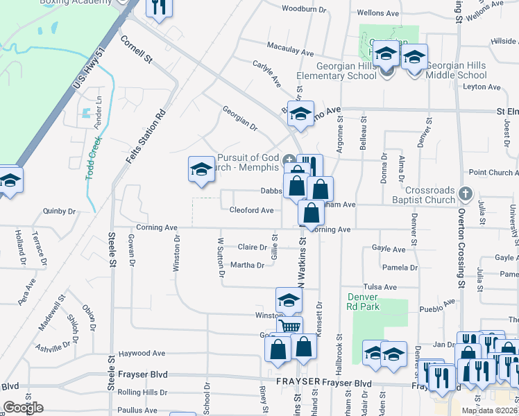 map of restaurants, bars, coffee shops, grocery stores, and more near 1729 Cleoford Avenue in Memphis