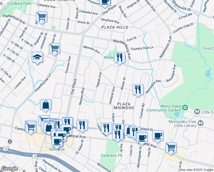 map of restaurants, bars, coffee shops, grocery stores, and more near 2100 Midwood Place in Charlotte