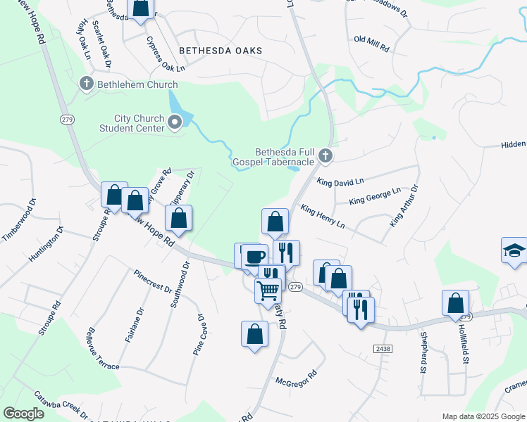 map of restaurants, bars, coffee shops, grocery stores, and more near 123 Harmony Trail in Gastonia