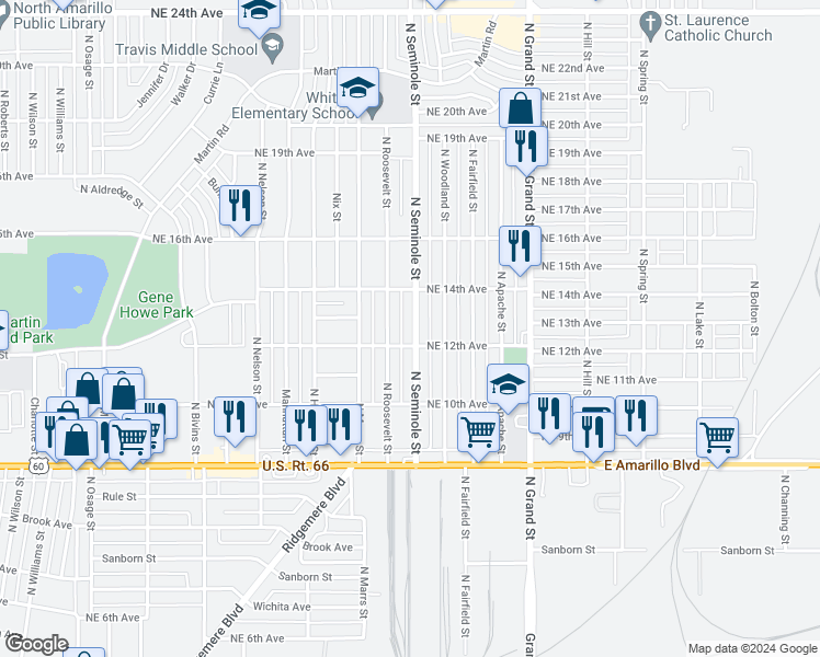 map of restaurants, bars, coffee shops, grocery stores, and more near 1207 North Seminole Street in Amarillo