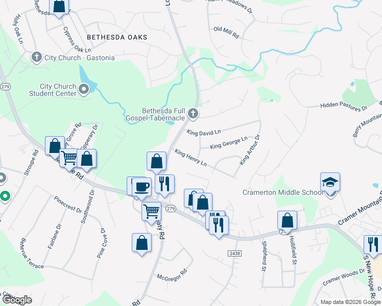 map of restaurants, bars, coffee shops, grocery stores, and more near 100 Willow Run Drive in Gastonia