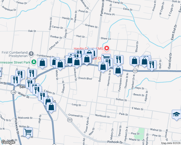 map of restaurants, bars, coffee shops, grocery stores, and more near 80 Enoch Boulevard in Savannah