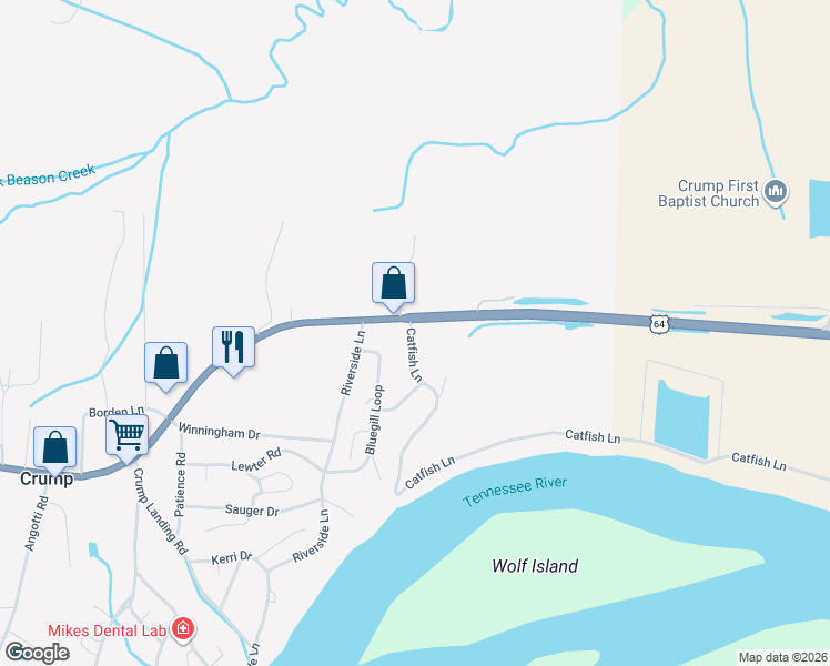 map of restaurants, bars, coffee shops, grocery stores, and more near 4092 U.S. 64 in Crump