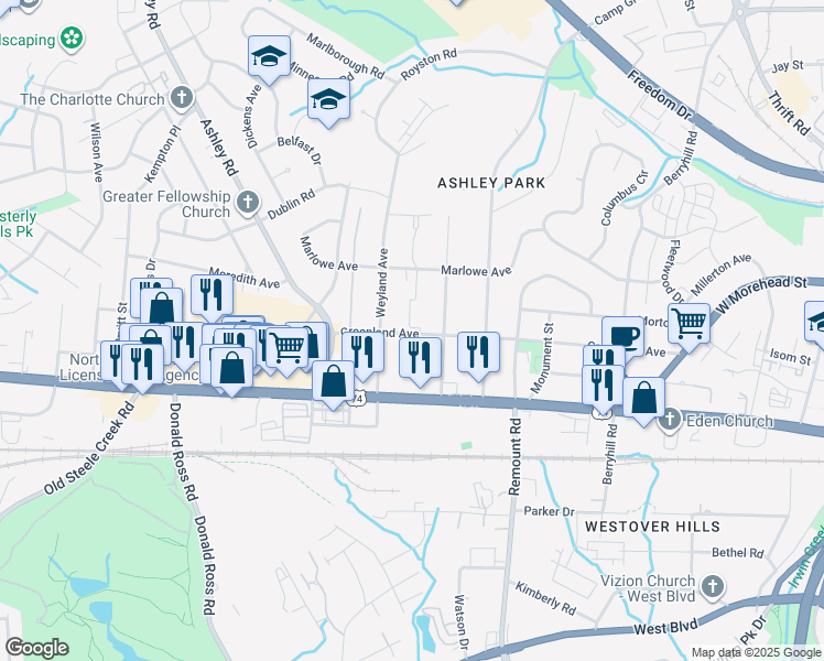 map of restaurants, bars, coffee shops, grocery stores, and more near 2307 Ridgemont Boulevard in Charlotte