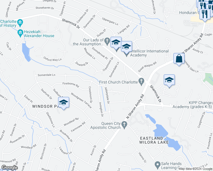 map of restaurants, bars, coffee shops, grocery stores, and more near 3901 Abbeydale Drive in Charlotte