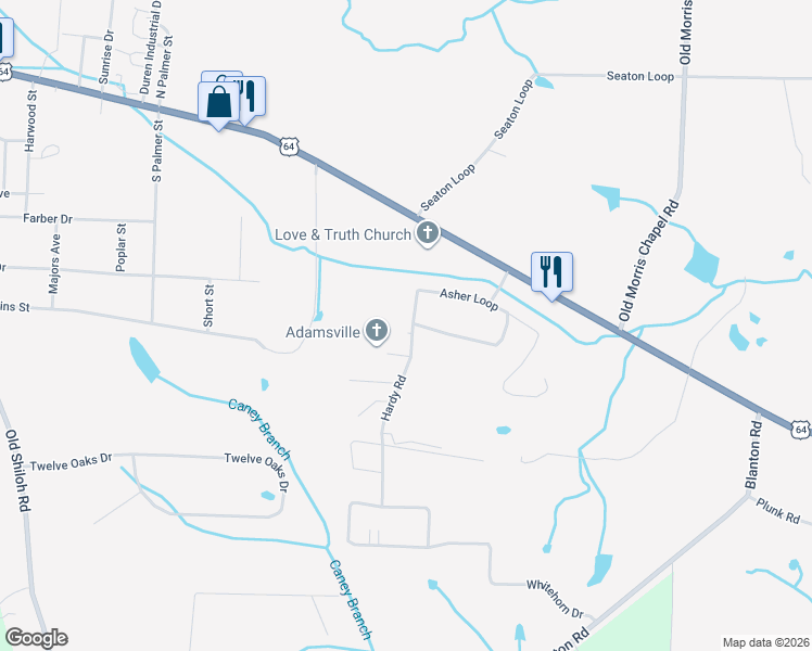 map of restaurants, bars, coffee shops, grocery stores, and more near 30 Hardy Road in Adamsville