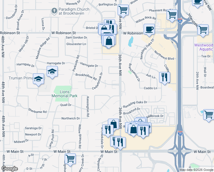 map of restaurants, bars, coffee shops, grocery stores, and more near 606 Inverness Court in Norman