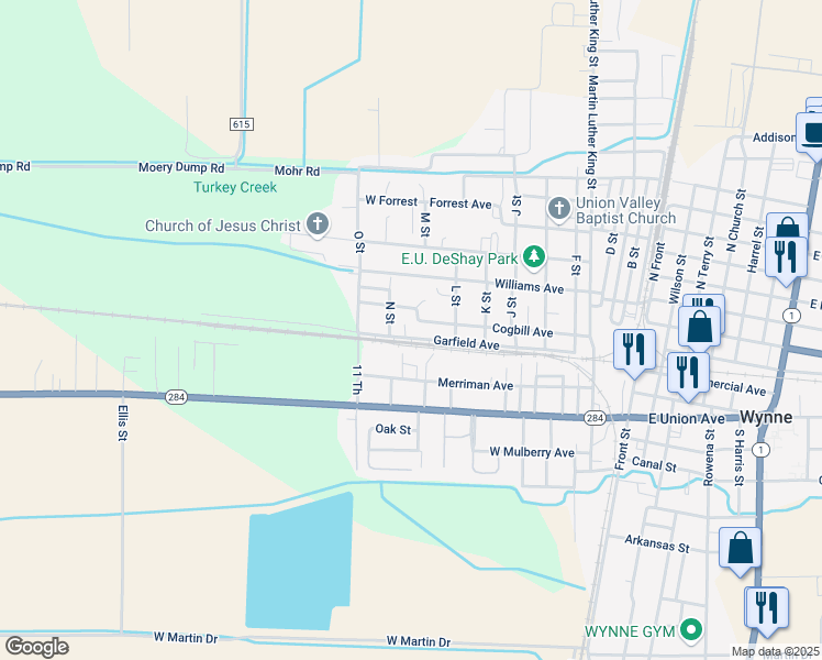 map of restaurants, bars, coffee shops, grocery stores, and more near 1020 Garfield Avenue in Wynne