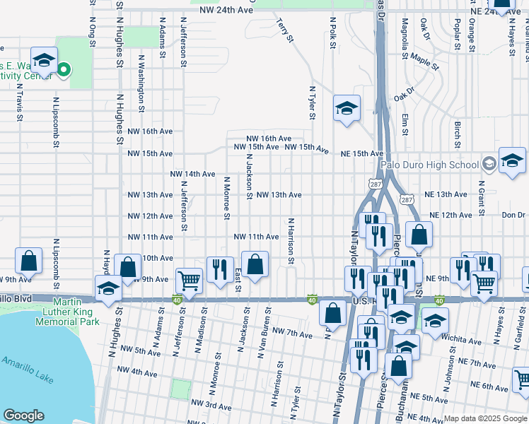 map of restaurants, bars, coffee shops, grocery stores, and more near 1109-1199 North Van Buren Street in Amarillo