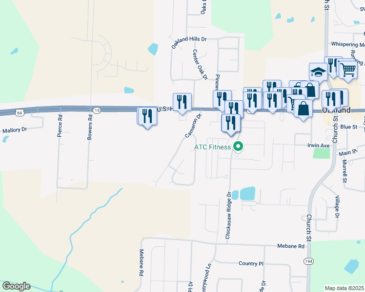 map of restaurants, bars, coffee shops, grocery stores, and more near 115 Cameron Drive in Oakland