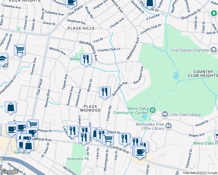 map of restaurants, bars, coffee shops, grocery stores, and more near in Charlotte