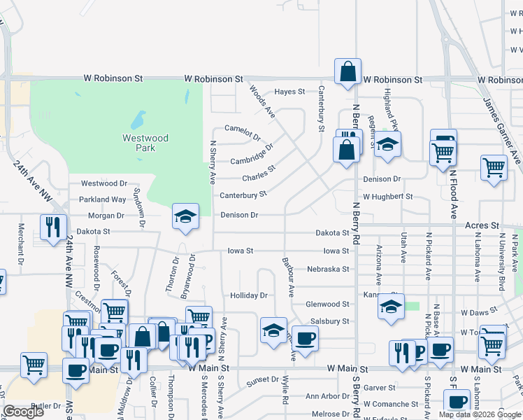 map of restaurants, bars, coffee shops, grocery stores, and more near 1610 Denison Drive in Norman