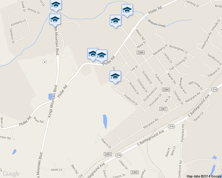 map of restaurants, bars, coffee shops, grocery stores, and more near 405 Pinehurst Dr in Kings Mountain