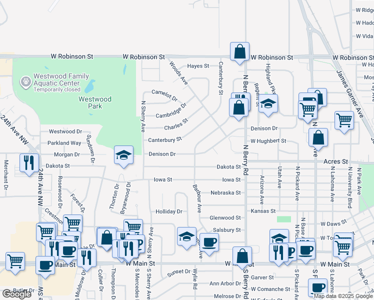 map of restaurants, bars, coffee shops, grocery stores, and more near 1510 Denison Drive in Norman