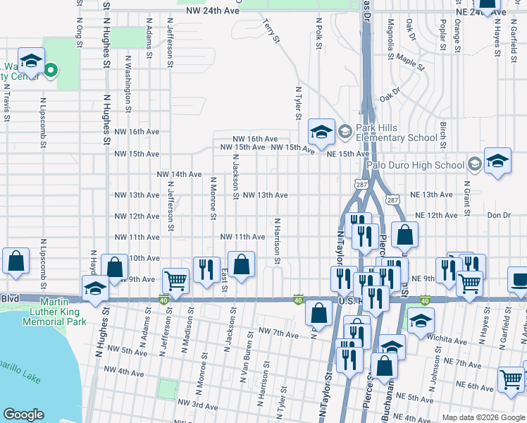 map of restaurants, bars, coffee shops, grocery stores, and more near 1109-1199 North Van Buren Street in Amarillo