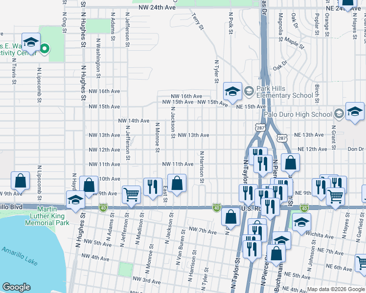 map of restaurants, bars, coffee shops, grocery stores, and more near 1109-1199 North Van Buren Street in Amarillo