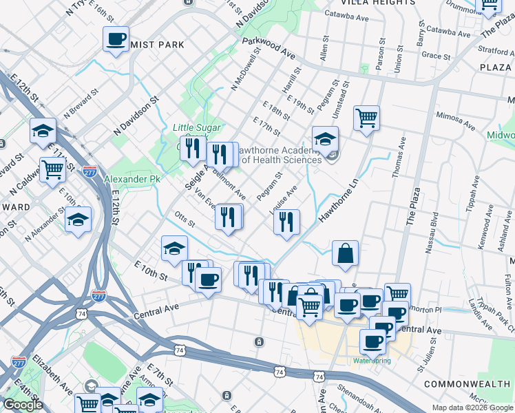 map of restaurants, bars, coffee shops, grocery stores, and more near 1103 Louise Avenue in Charlotte