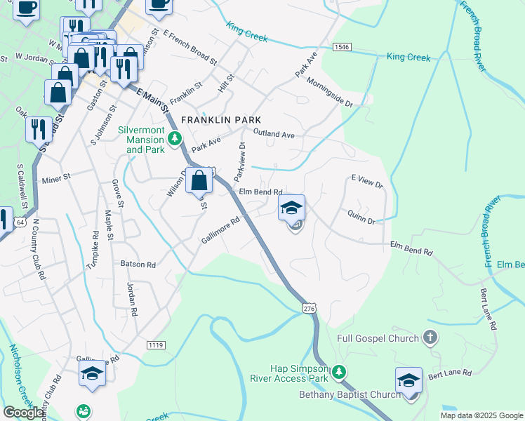 map of restaurants, bars, coffee shops, grocery stores, and more near 319 Greenville Highway in Brevard