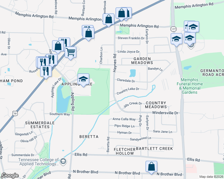 map of restaurants, bars, coffee shops, grocery stores, and more near 3679 Haynes Road in Memphis