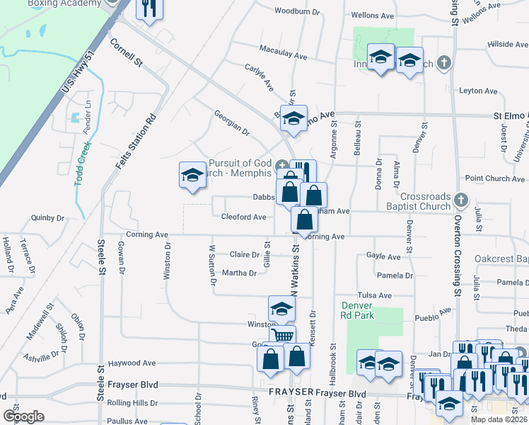 map of restaurants, bars, coffee shops, grocery stores, and more near 3677 Gillie Street in Memphis