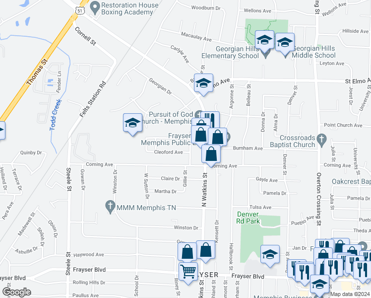 map of restaurants, bars, coffee shops, grocery stores, and more near 1762 Cleoford Avenue in Memphis