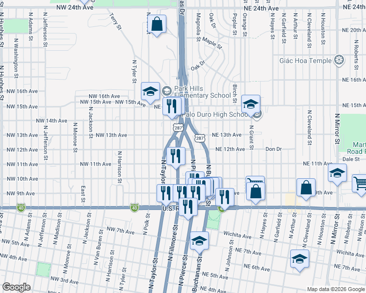 map of restaurants, bars, coffee shops, grocery stores, and more near U.S. 87 in Amarillo