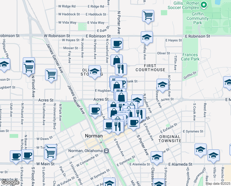 map of restaurants, bars, coffee shops, grocery stores, and more near 506 North Porter Avenue in Norman