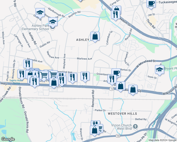 map of restaurants, bars, coffee shops, grocery stores, and more near 2149 Camp Greene Street in Charlotte