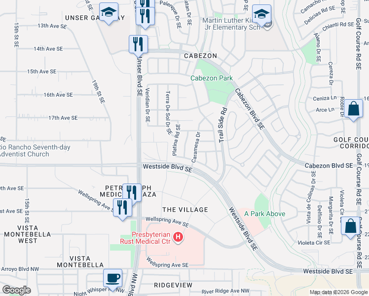map of restaurants, bars, coffee shops, grocery stores, and more near 1927 Cantera Street Southeast in Rio Rancho