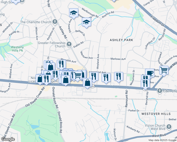 map of restaurants, bars, coffee shops, grocery stores, and more near 2800 Ashley Road in Charlotte