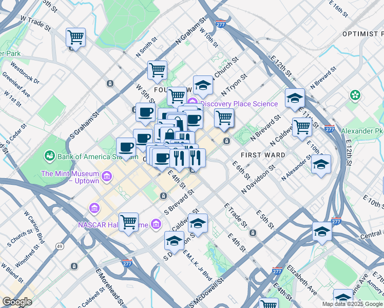 map of restaurants, bars, coffee shops, grocery stores, and more near 150 North College Street in Charlotte