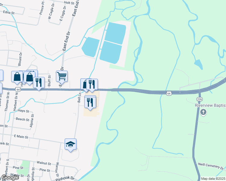 map of restaurants, bars, coffee shops, grocery stores, and more near 9380 Highway 128 in Savannah