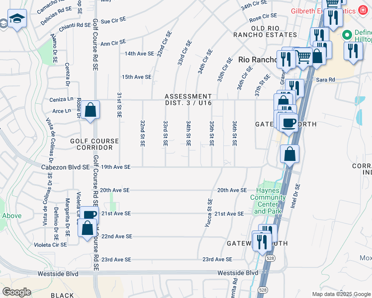 map of restaurants, bars, coffee shops, grocery stores, and more near 1805 34th Street Southeast in Rio Rancho