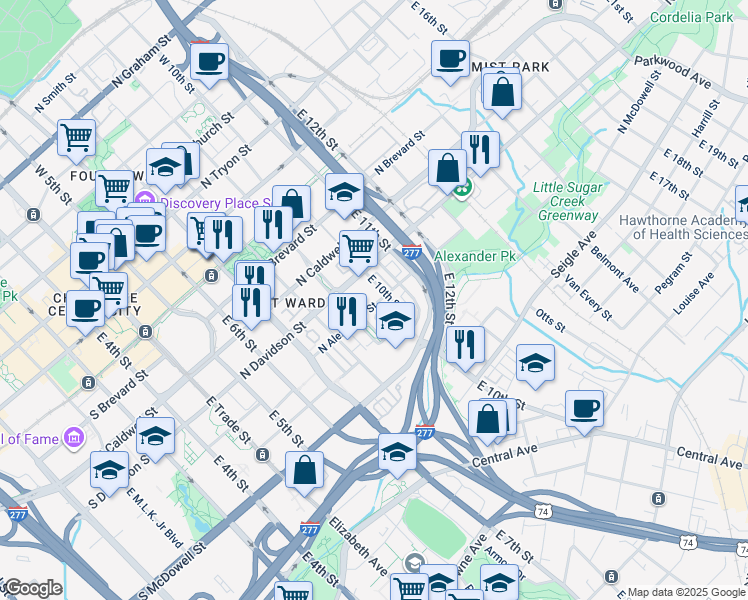 map of restaurants, bars, coffee shops, grocery stores, and more near 625 North Alexander Street in Charlotte