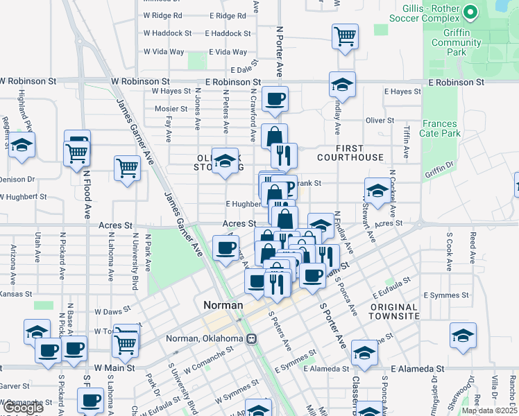 map of restaurants, bars, coffee shops, grocery stores, and more near 504 North Crawford Avenue in Norman