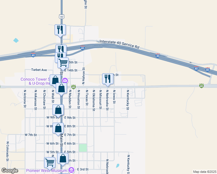 map of restaurants, bars, coffee shops, grocery stores, and more near 711 East 12th Street in Shamrock