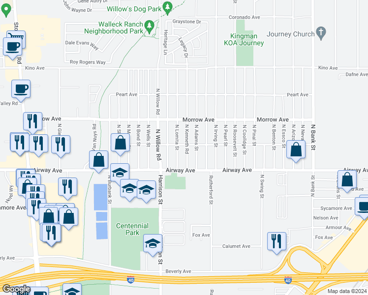 map of restaurants, bars, coffee shops, grocery stores, and more near 3571 North Kenneth Road in Kingman