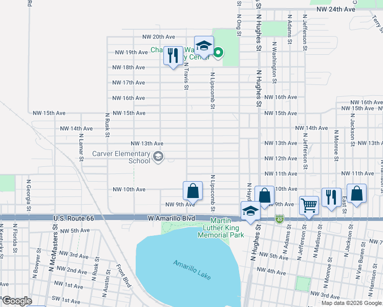 map of restaurants, bars, coffee shops, grocery stores, and more near 1445 Northwest 12th Avenue in Amarillo