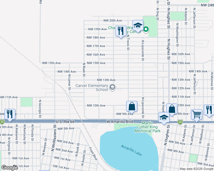 map of restaurants, bars, coffee shops, grocery stores, and more near 1901-1905 Northwest 12th Avenue in Amarillo
