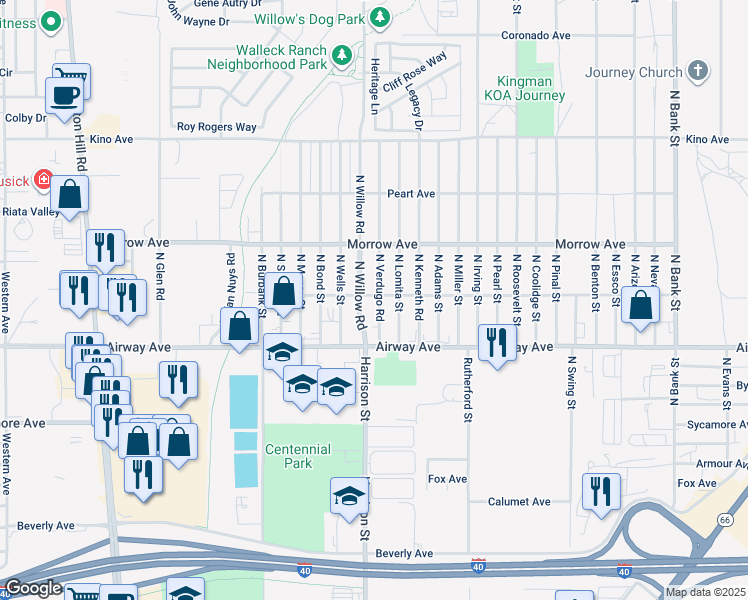 map of restaurants, bars, coffee shops, grocery stores, and more near 3546 North Verdugo Road in Kingman