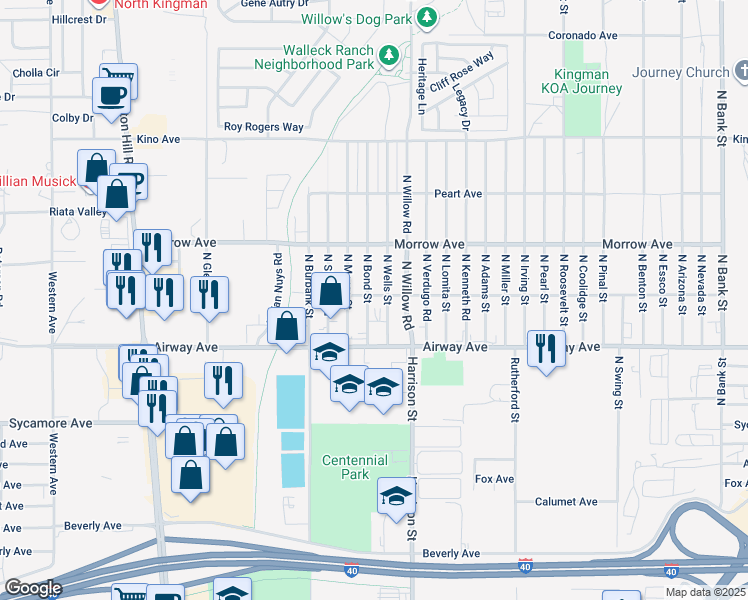 map of restaurants, bars, coffee shops, grocery stores, and more near 3545 North Bond Street in Kingman